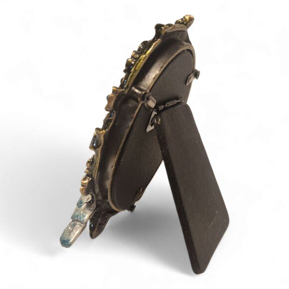 Vintage Enameled & Jeweled Picture Frame, 4"H, Flowers & Blue Bird – Butterfly - Picture 5 of 8